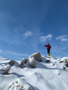 Tessa climbing on snowbank in parking lot near Indigo