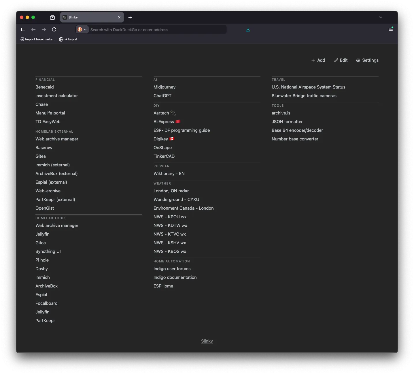 Screenshot of the Slinky self-hosted start page