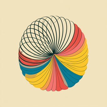 A colorful, retro-style graphic illustration of a circular slinky coil featuring red, yellow, and teal segments on a cream background.