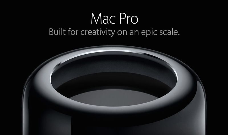 Cylindrical Mac Pro with the slogan: Built for creativity on an epic scale.