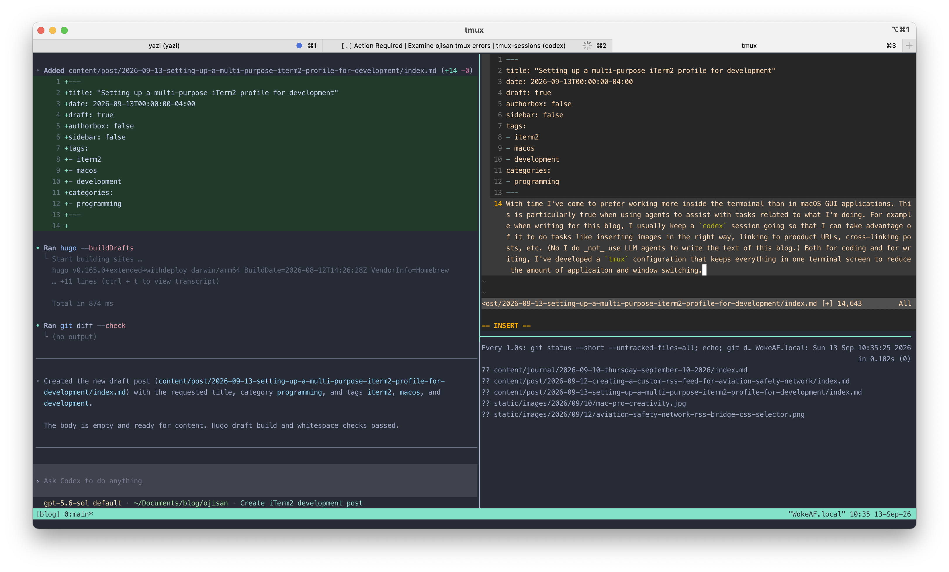 iTerm2 tmux development layout with Codex on the left, Vim at the upper right, and repository changes at the lower right