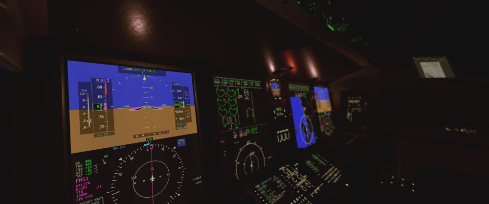 Bombardier Challenger 650 cockpit at night over the North Atlantic