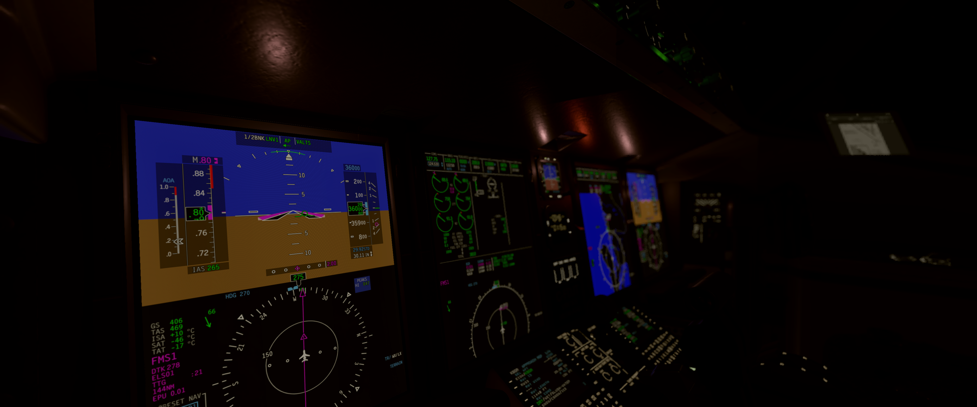 Bombardier Challenger 650 cockpit at night over the North Atlantic