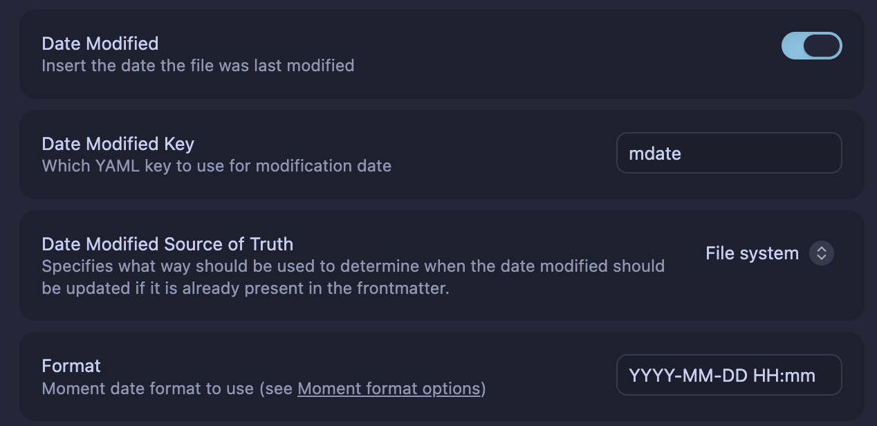 Linter settings with Date Modified enabled, mdate as the YAML key, File system as the source of truth, and YYYY-MM-DD HH:mm as the format