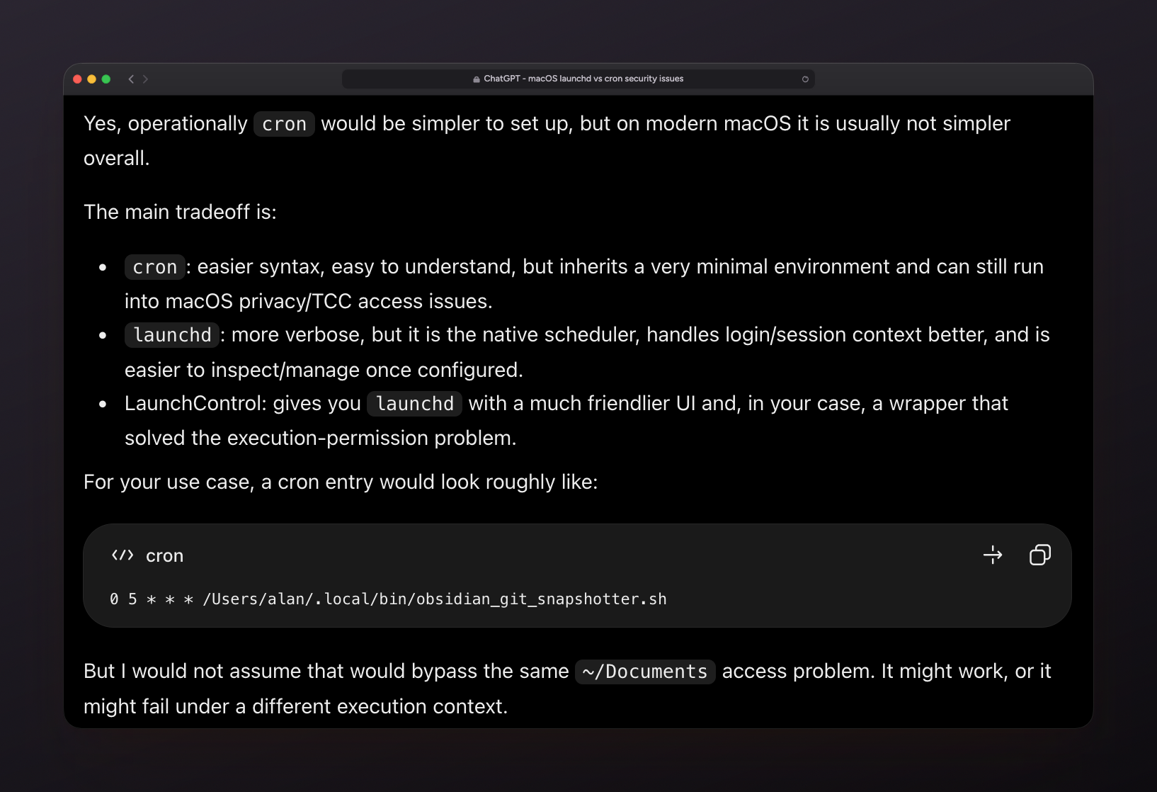 Screenshot of a ChatGPT response comparing cron, launchd, and LaunchControl on macOS