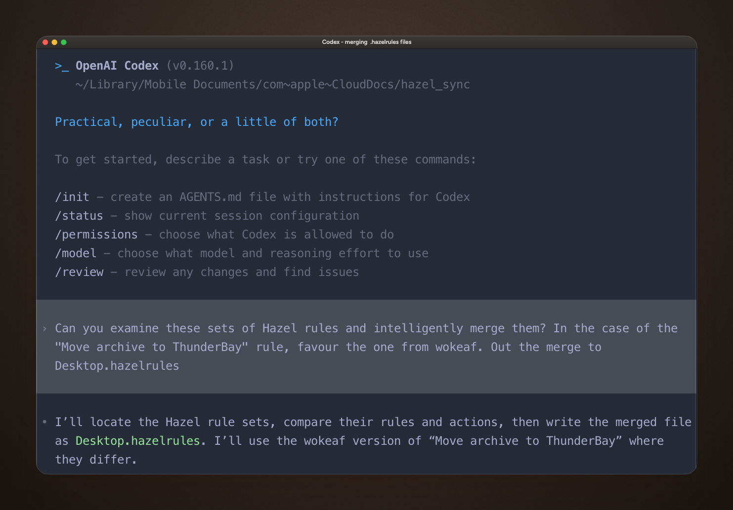 Codex session prompted to merge two Hazel rule sets into a Desktop.hazelrules file