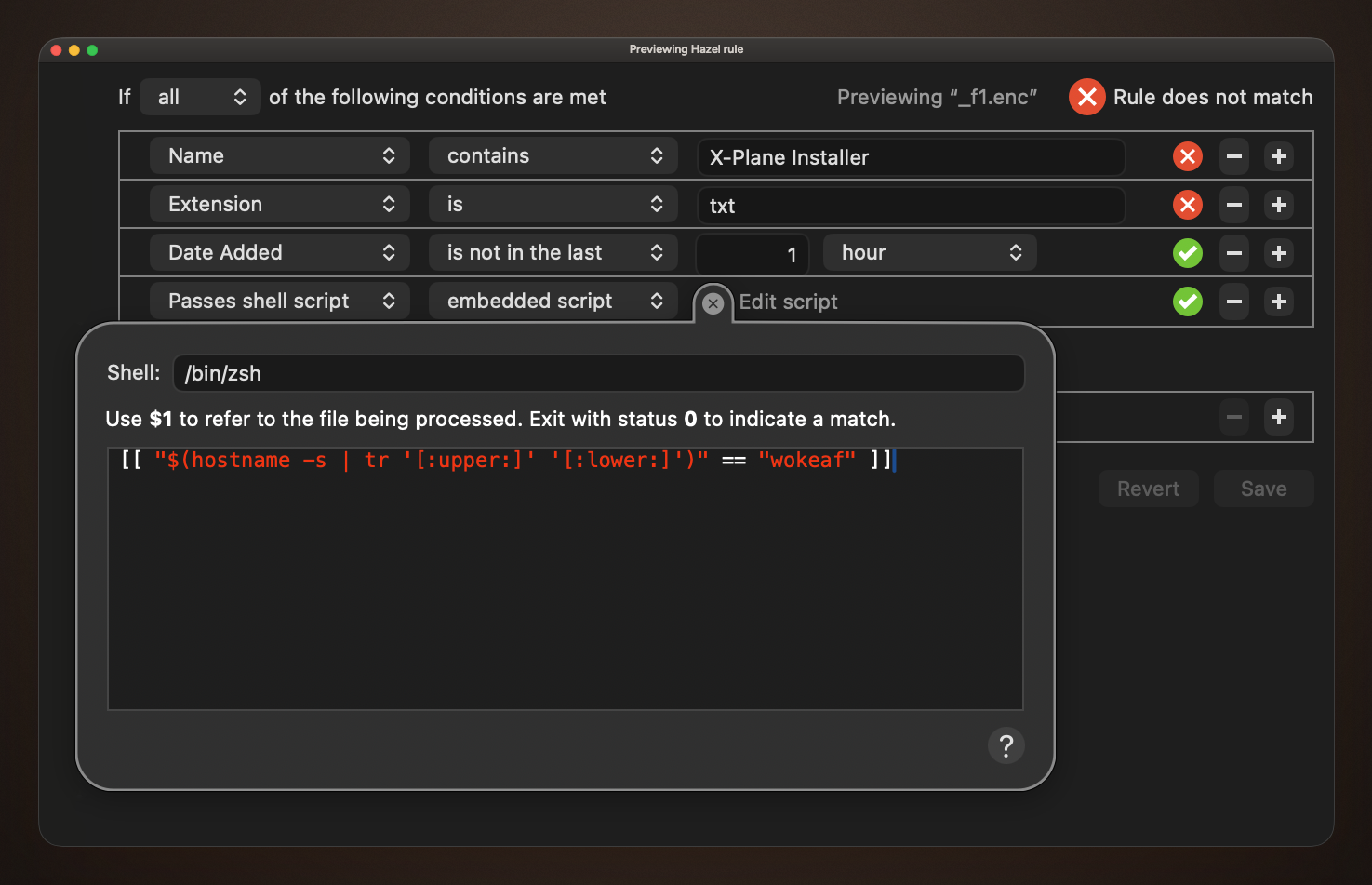 Hazel rule preview with a Passes shell script condition that checks the computer hostname