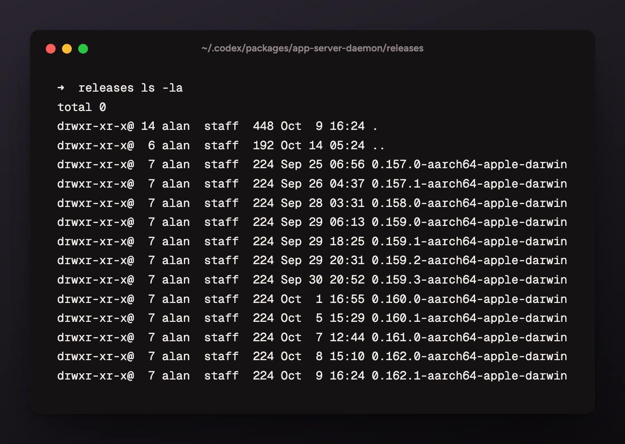 Terminal listing Codex app-server-daemon release directories