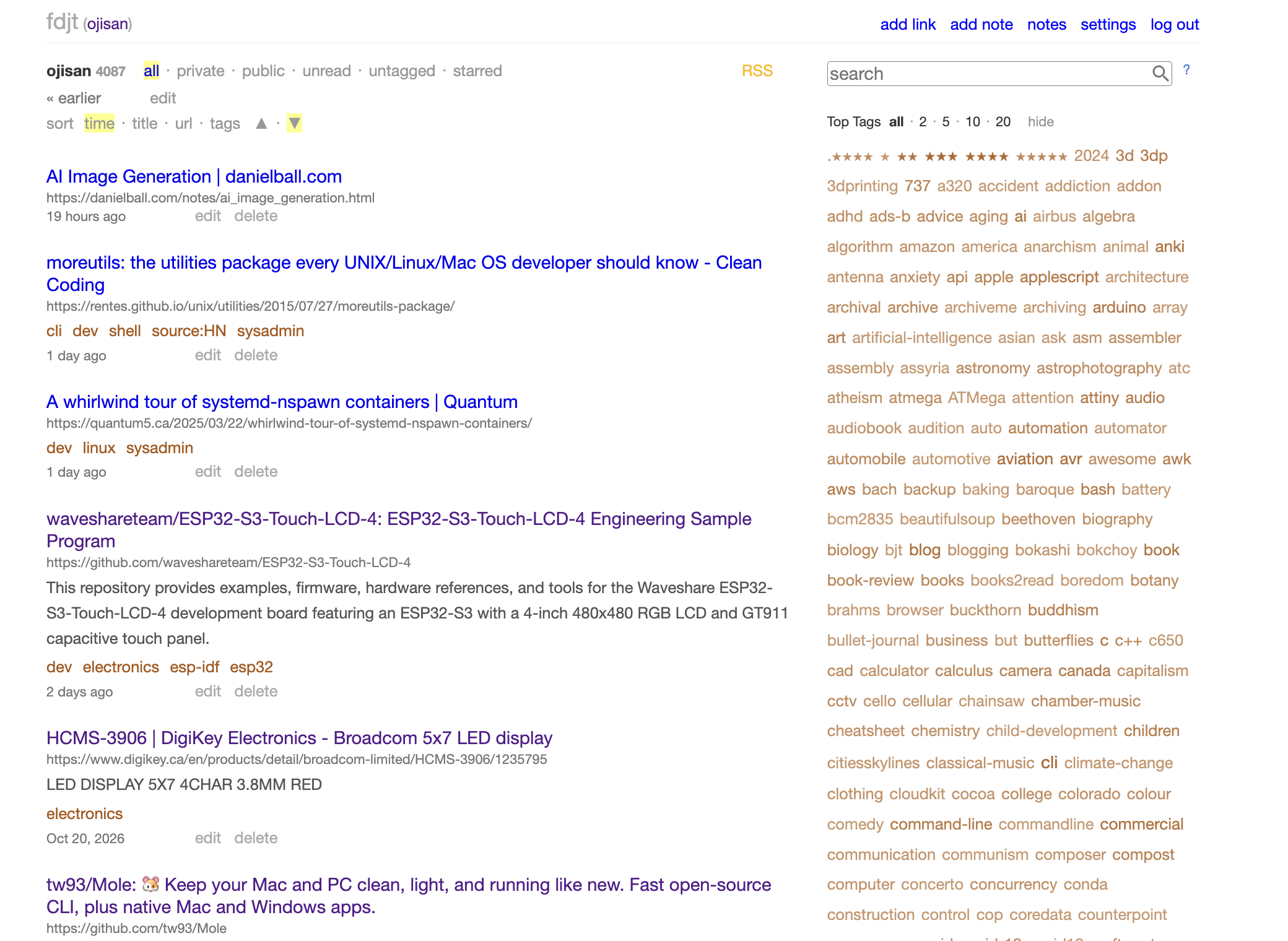 FDJT bookmark manager showing saved links, tags, search, and editing controls
