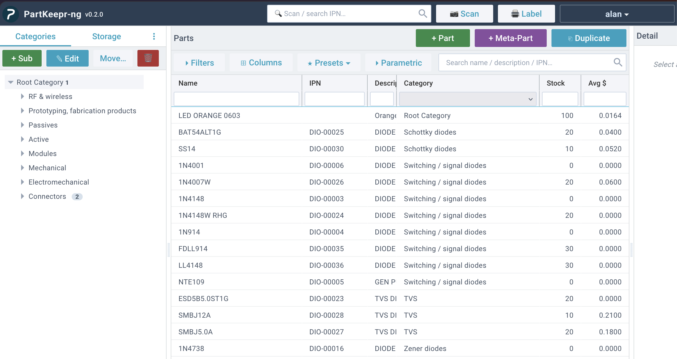 PartKeepr-ng displaying an electronics-parts inventory with categories, filters, stock quantities, and prices