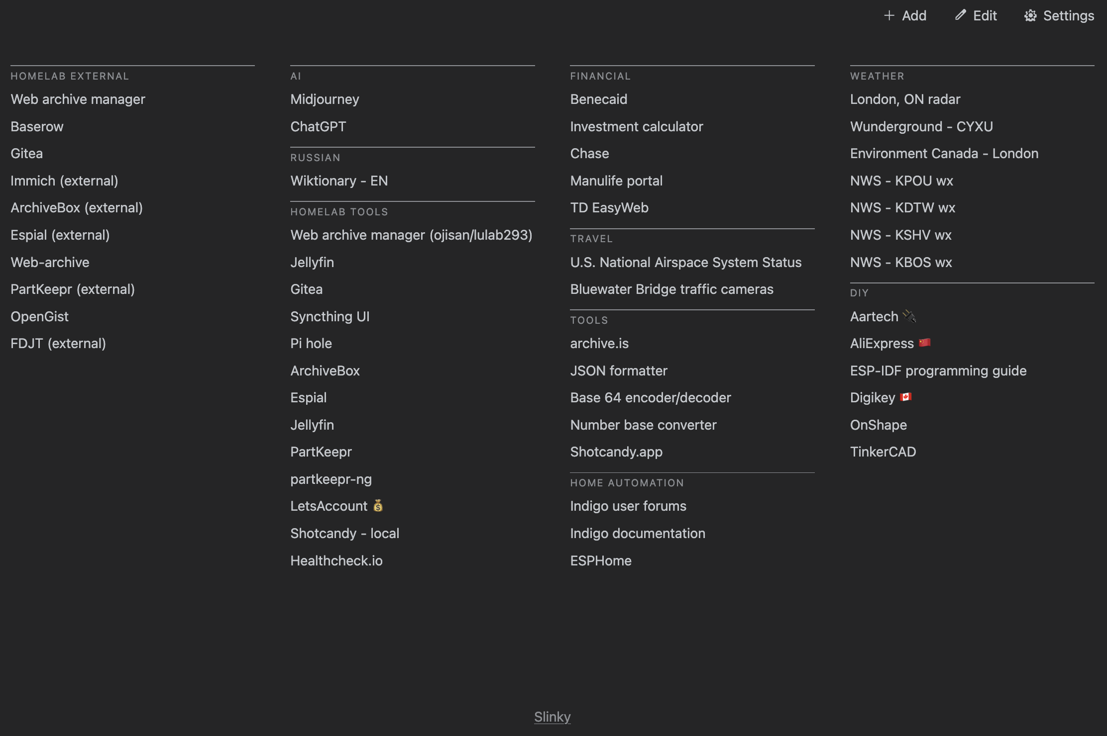 Slinky in dark mode, showing categorised links in four columns