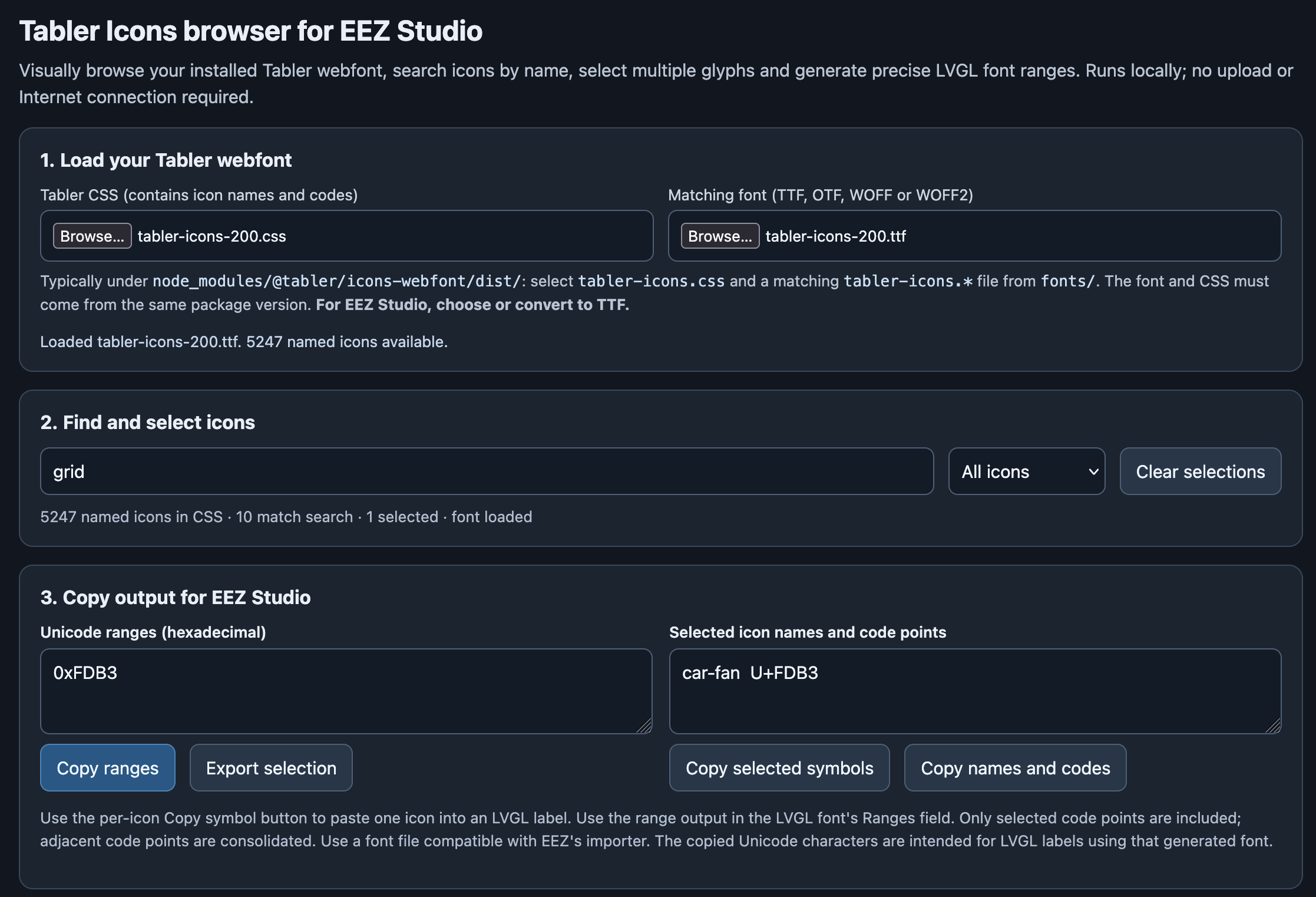 Tabler icon browser for EEZ Studio with webfont loading, icon search, selection, and LVGL output controls
