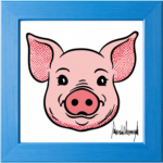 Illustrated pink pig in a blue frame
